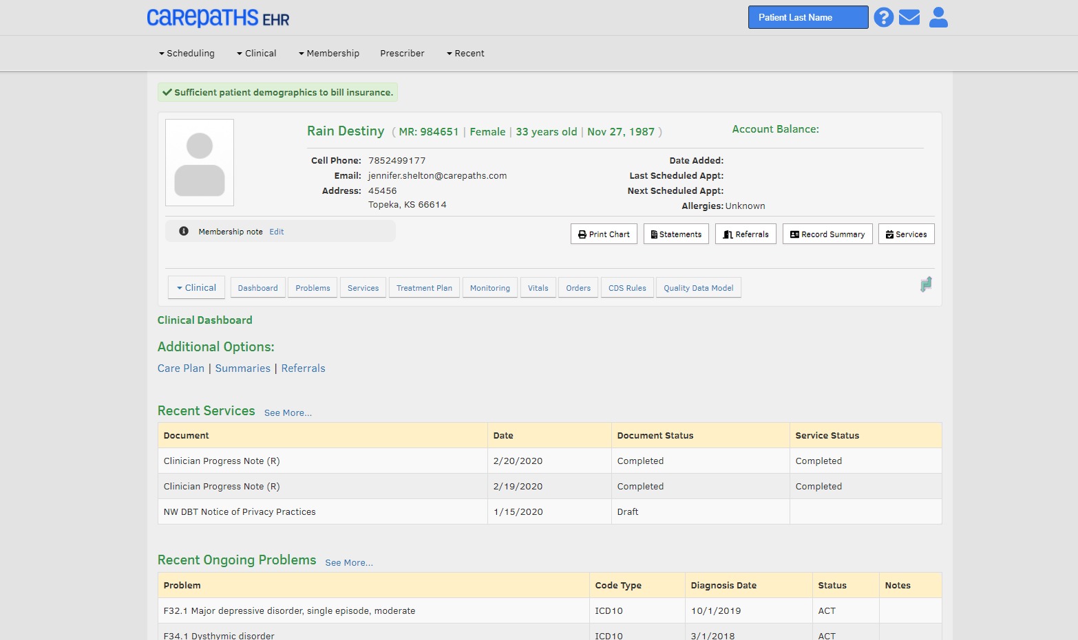 screenshot of CarePaths EHR